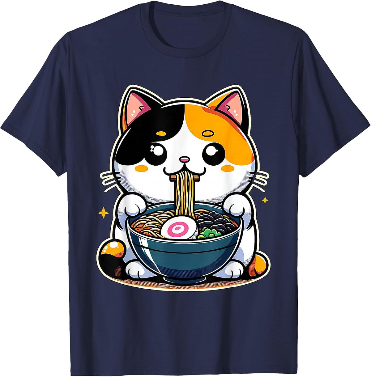 Kawaii Anime Calico Cat Ramen T-Shirt - Navy Blue