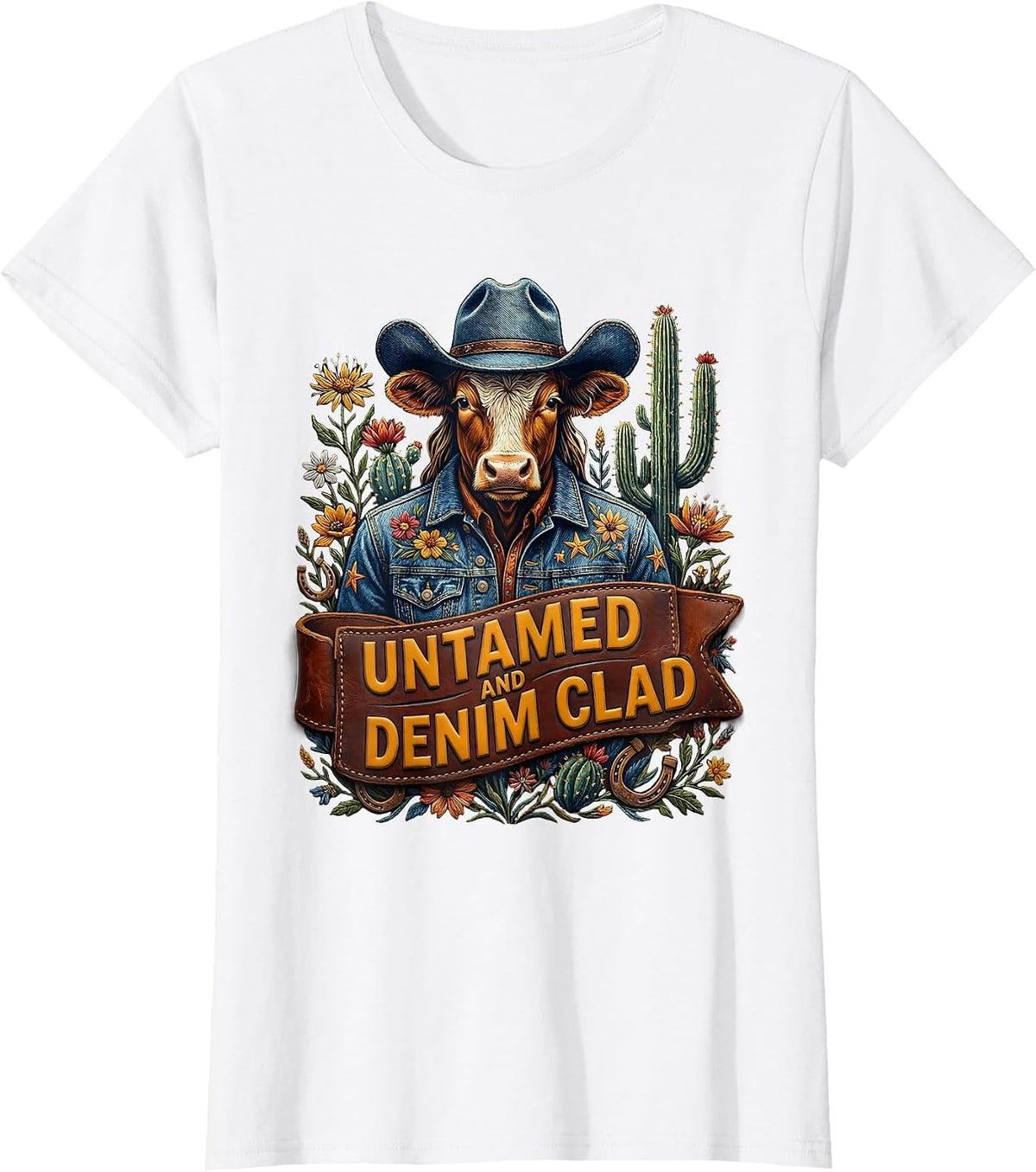 Women's Untamed and Denim Clad Cowgirl Design T-Shirt - White