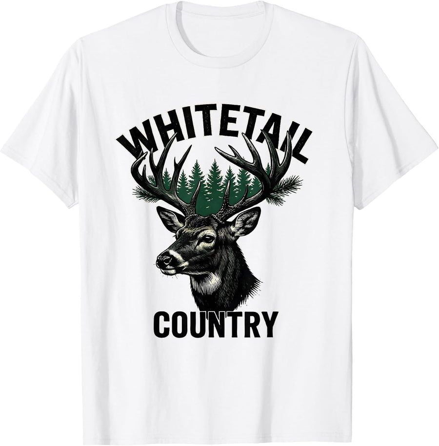 Men's Whitetail Country Linocut Forest Wildlife Animal Lover Art T-Shirt - White