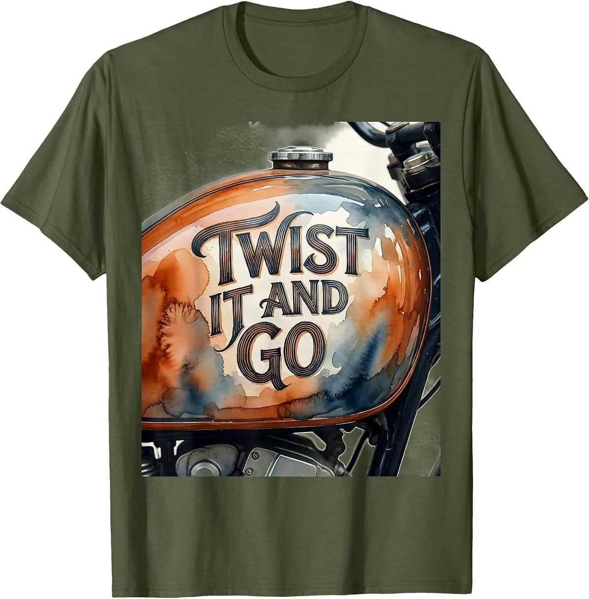 Men's Twist It and Go Motorcycle Rider Design T-Shirt - Olive Green