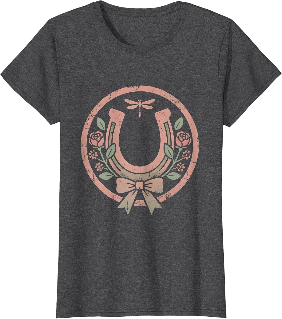Women's Rhinestone Horseshoe with Roses Country Music Design T-Shirt - Dark Heather Grey