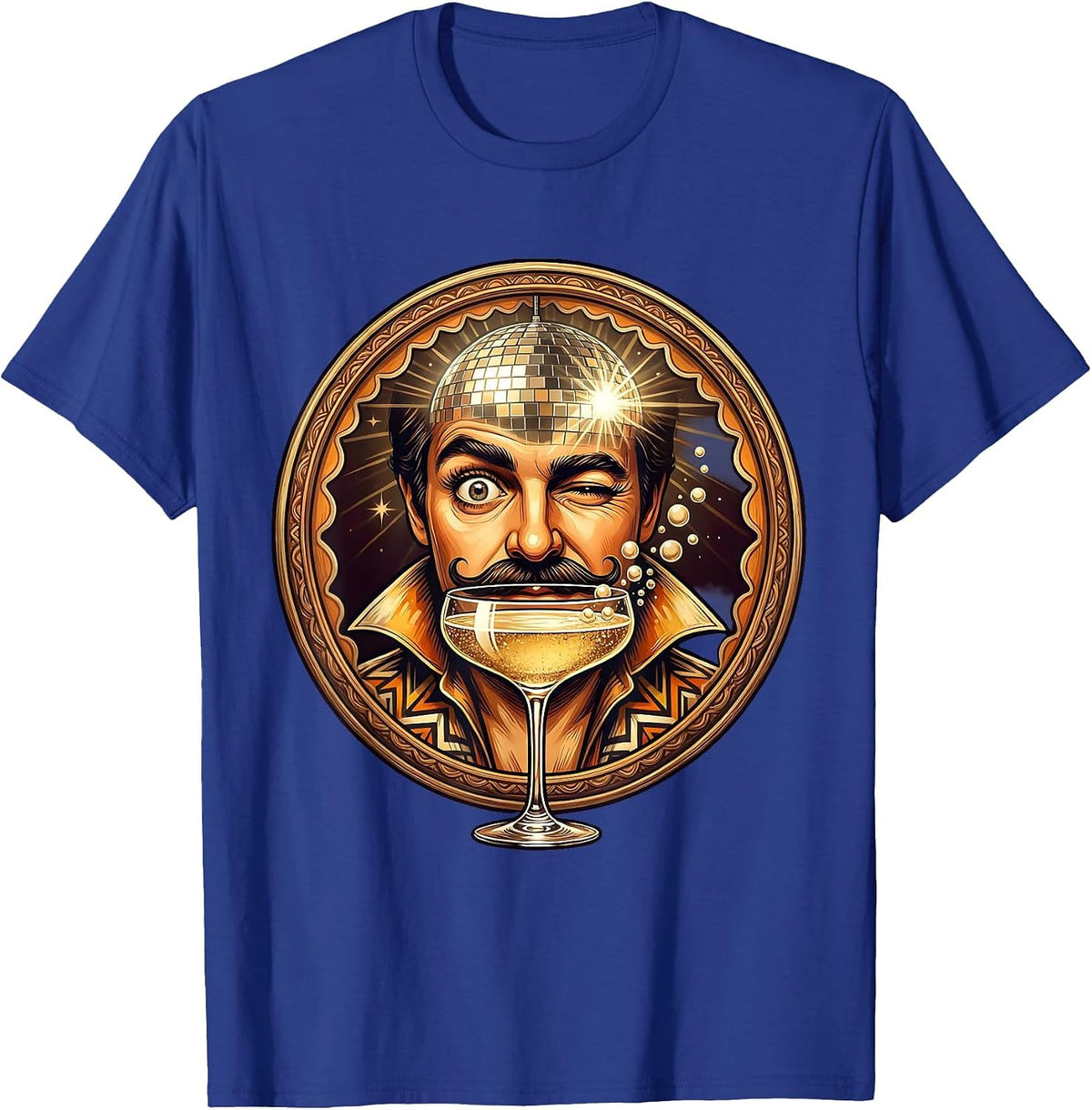 Disco Wink Champagne Mustache Retro Groove Design T-Shirt - Royal Blue