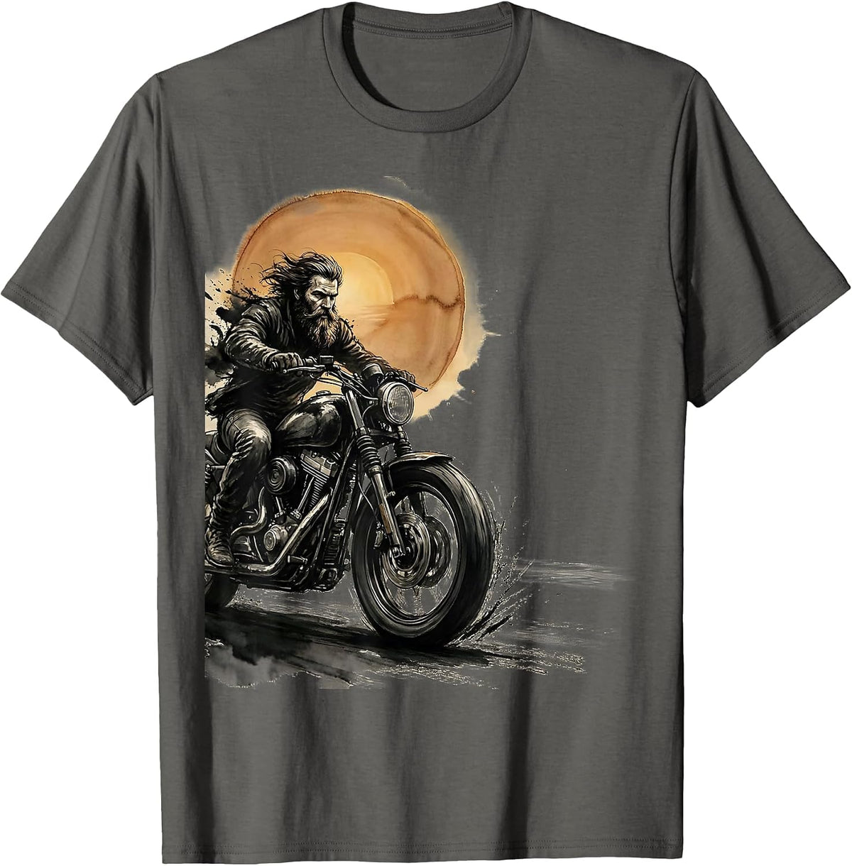 Bearded Biker Sunset Motorcycle Graphic Tee T-Shirt - Asphalt Grey