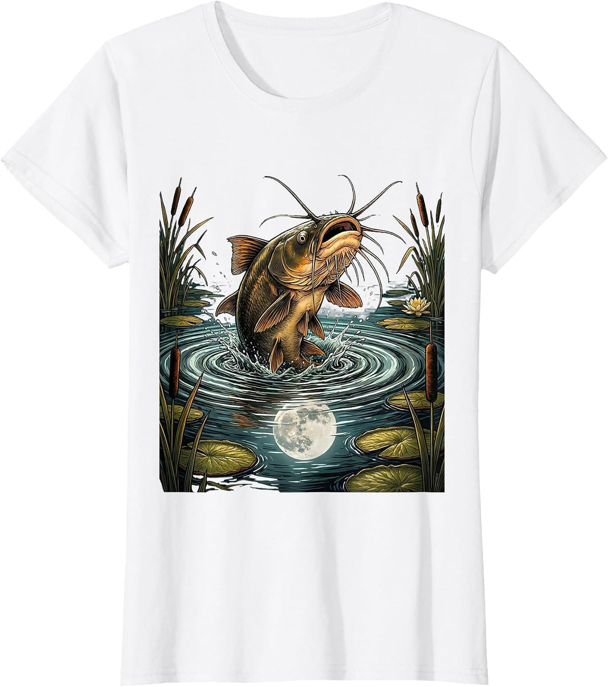 Boys Fishing Catfish Night Scene Graphic T-Shirt - White