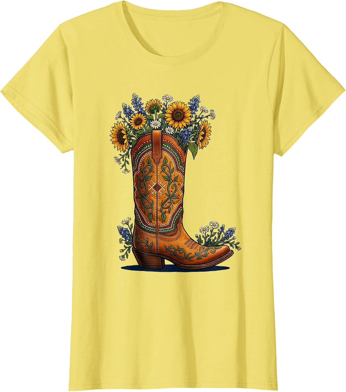 Women's Wildflower Cowboy Boot Western Illustration T-Shirt - Lemon Yellow