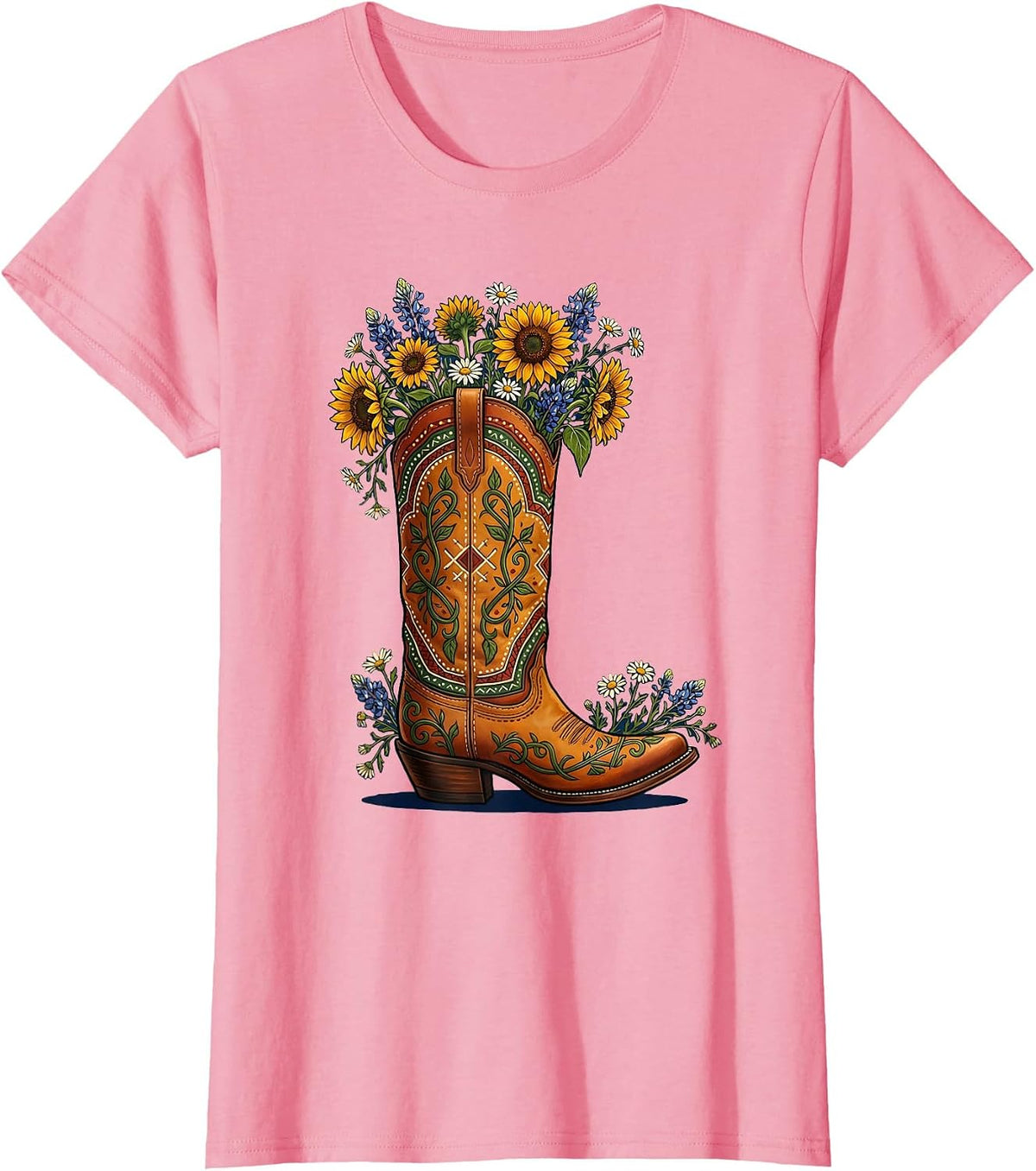 Women's Wildflower Cowboy Boot Western Illustration T-Shirt - Pink