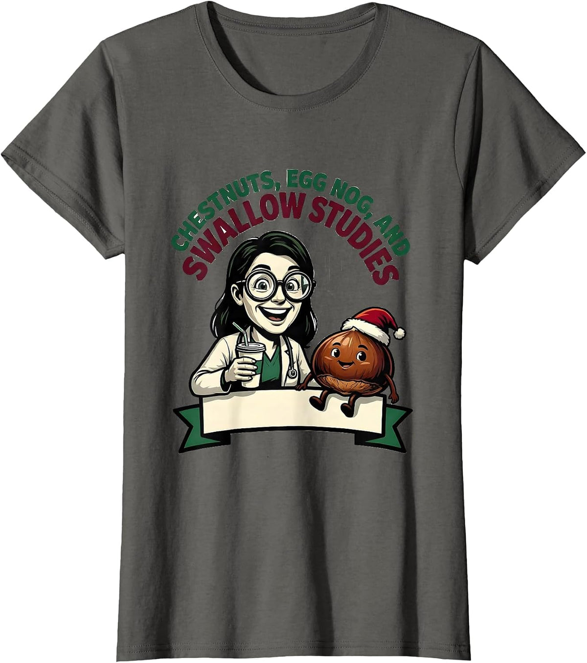 Women's Chestnuts, Egg Nog, And Swallow Studies Speech-Language T-Shirt - Asphalt Grey