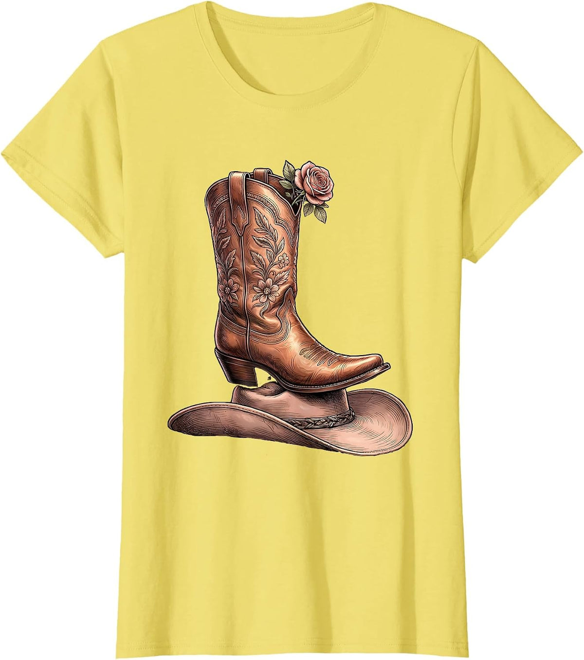 Women's Cowgirl Boots on Cowboy Hat Bold Western Design T-Shirt - Lemon Yellow