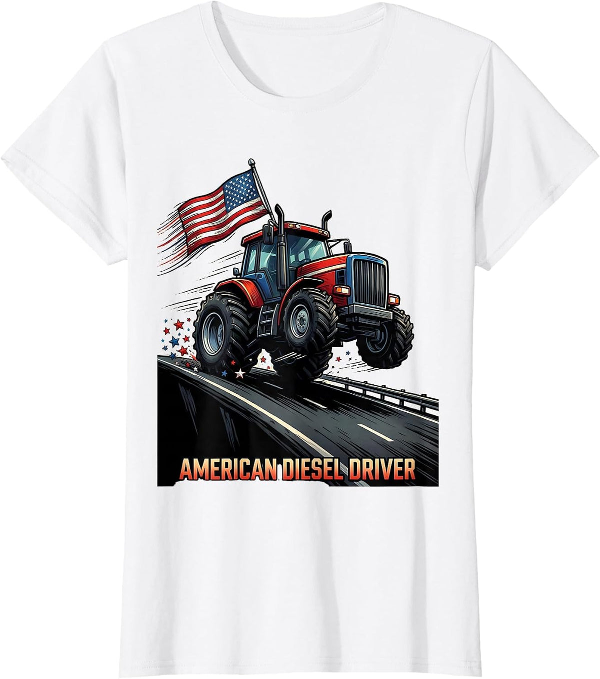 American Diesel Driver Cartoon Semi Truck Patriotic Driver T-Shirt - White