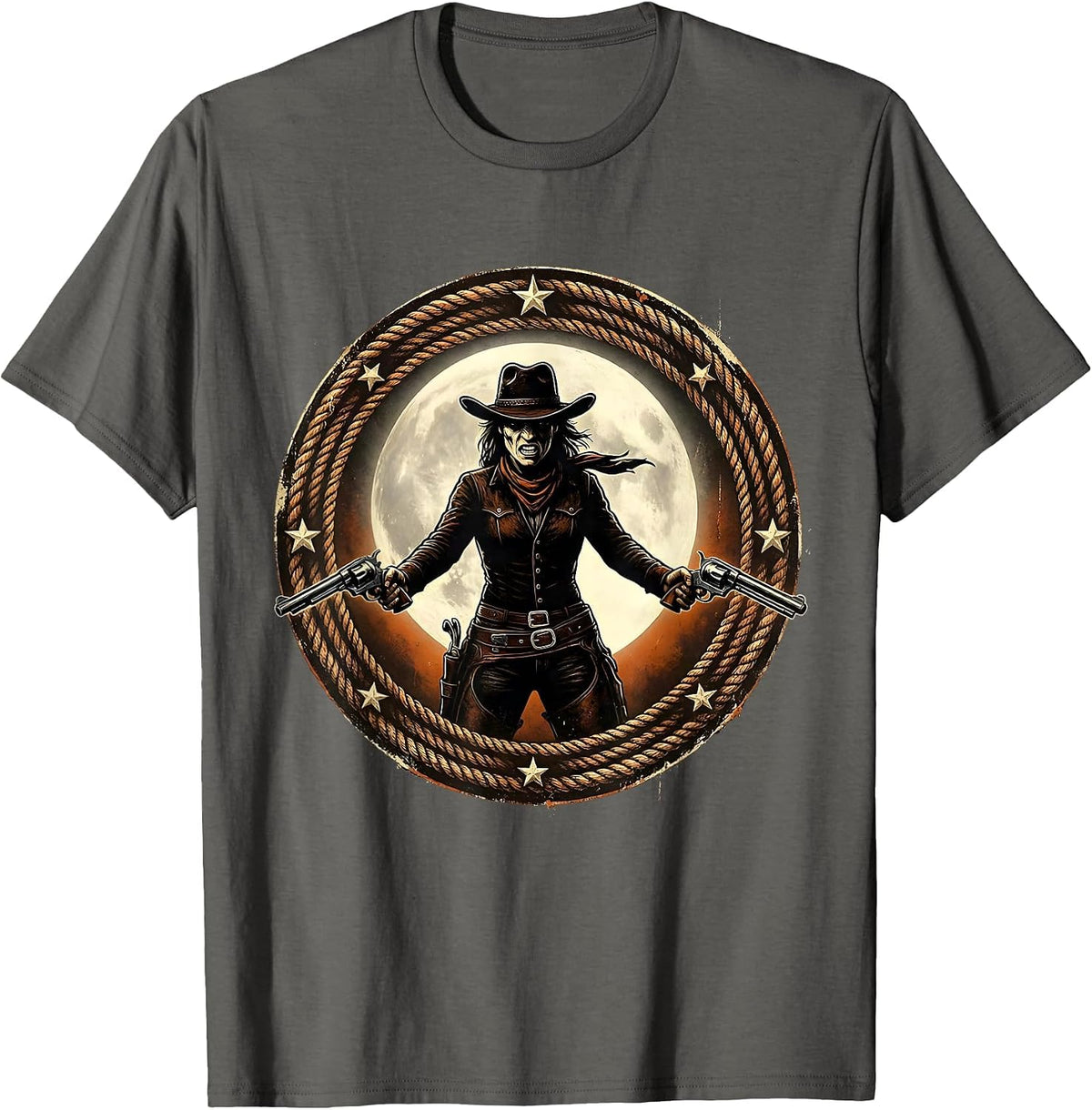 Men's Fierce Cowgirl Drawing Pistols Under Full Moon T-Shirt - Asphalt Grey