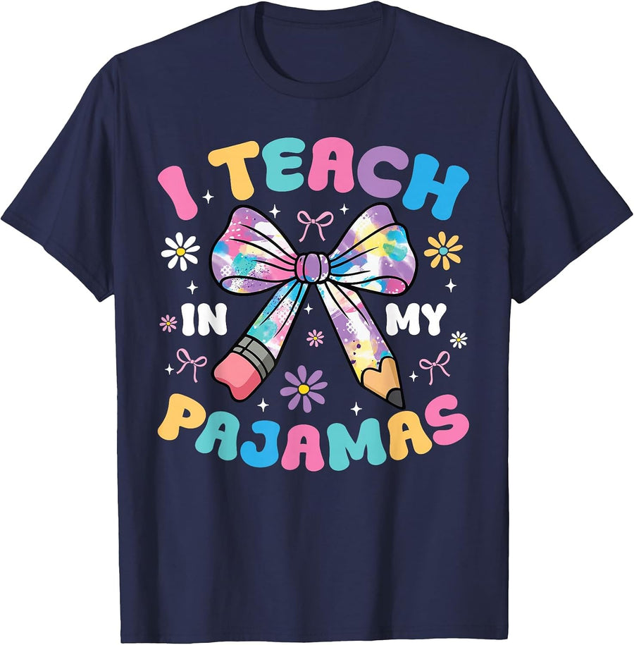 I Teach in My Pajamas Funny Quote for Teacher Homeschool T-Shirt - Navy Blue