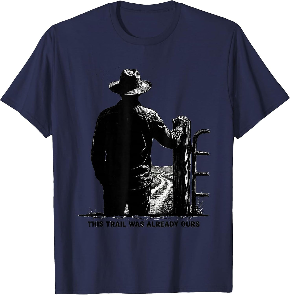 This Trail Was Already Ours Scratchboard Western Cowboy T-Shirt - Navy Blue