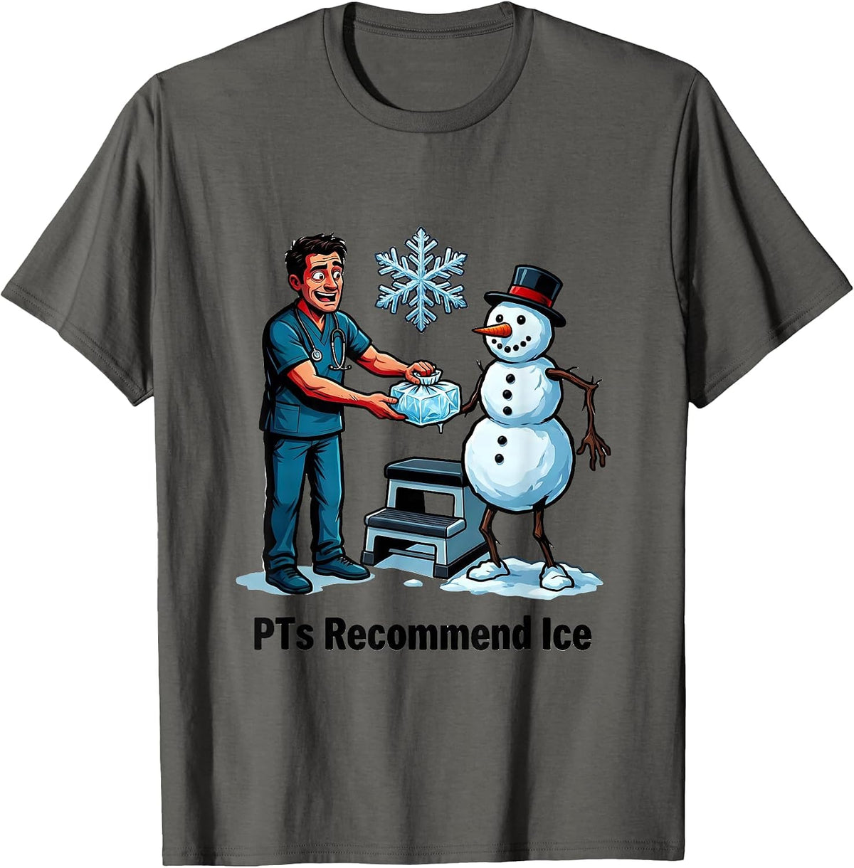 PTs Recommend Ice Cartoon Physical Therapist Holiday Humor T-Shirt - Asphalt Grey