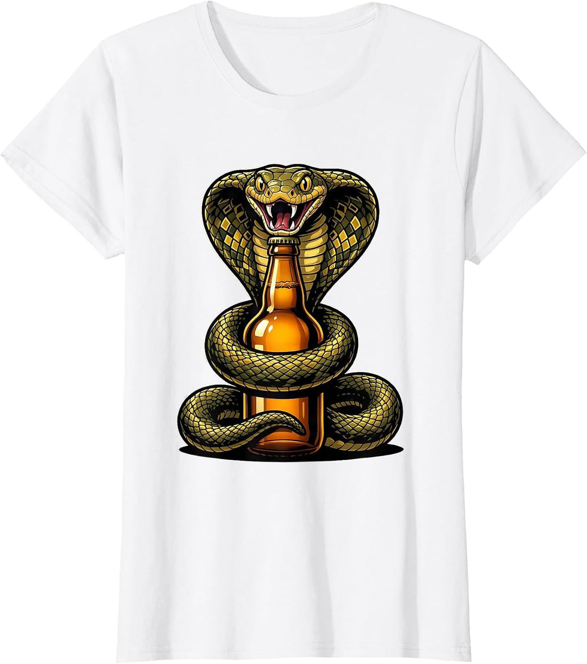 Women's King Cobra Coiled Around Beer Bottle Graphic T-Shirt - White