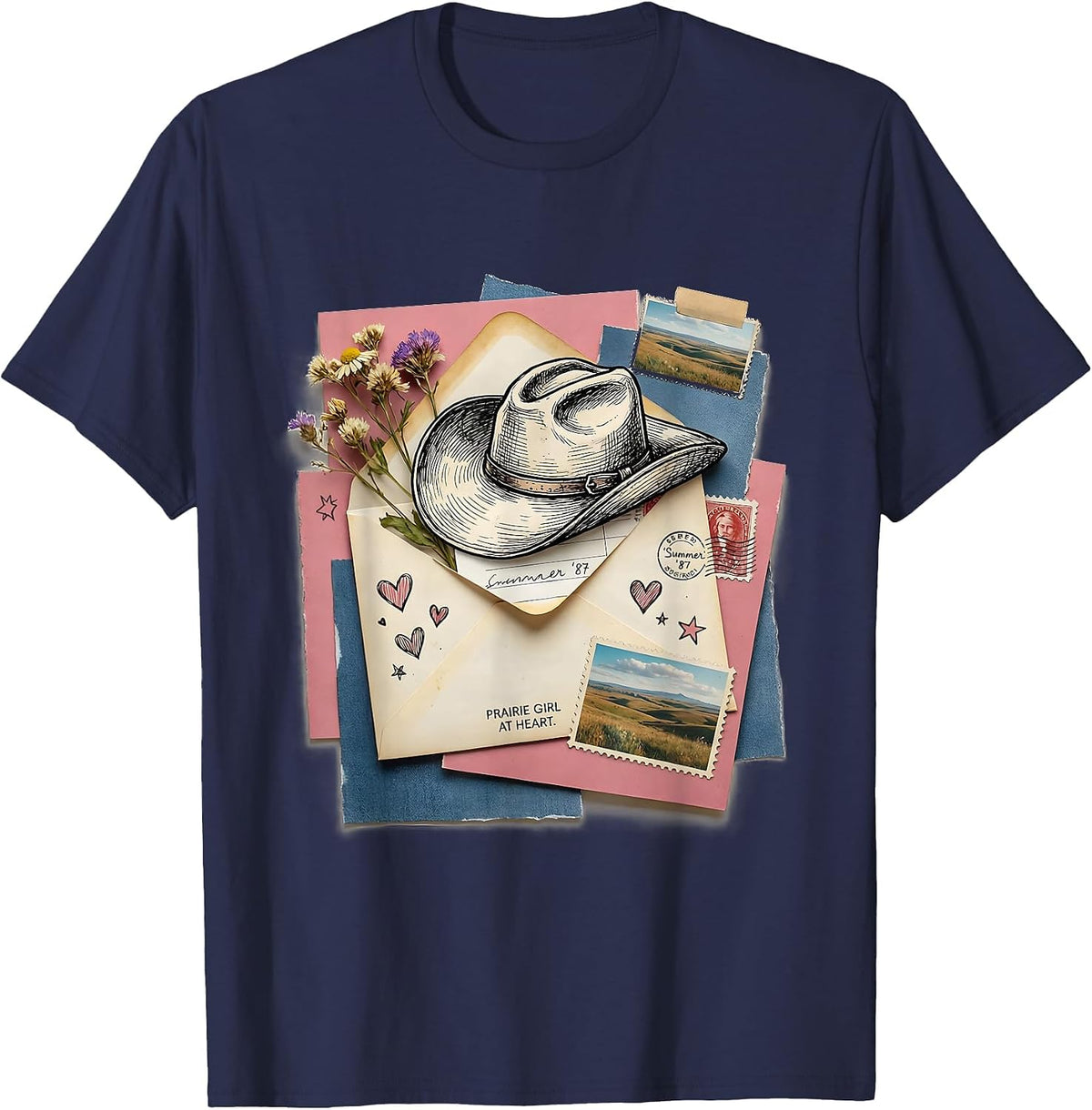 Prairie Girl at Heart White Cowgirl Design T-Shirt - Navy Blue