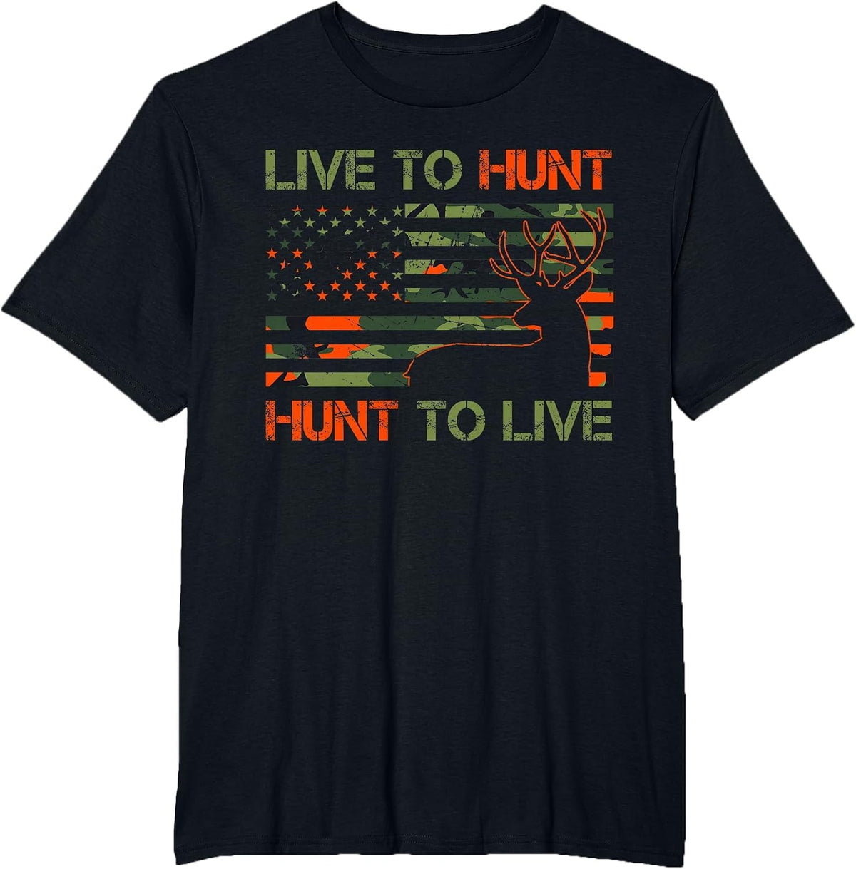 Live to Hunt Whitetail Buck Camo American Flag Deer Hunting T-Shirt - Black