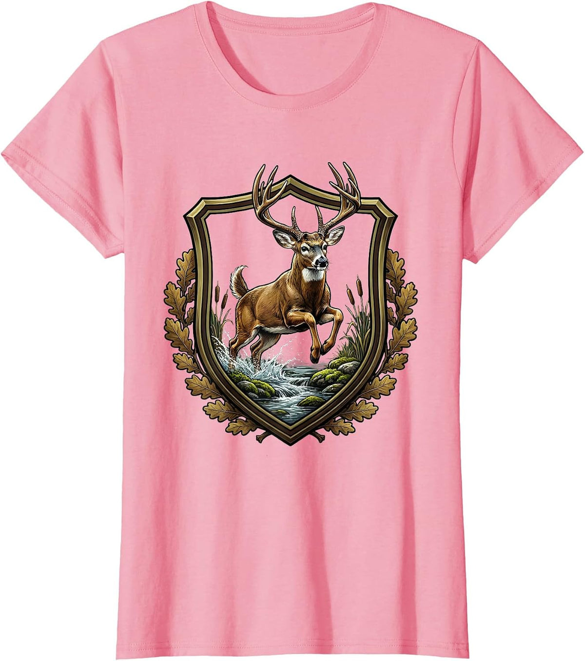Women's Whitetail Buck Leaping Over Mossy Creek Camo T-Shirt - Pink