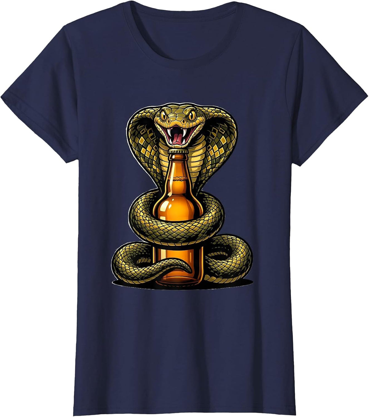 Women's King Cobra Coiled Around Beer Bottle Graphic T-Shirt - Navy Blue