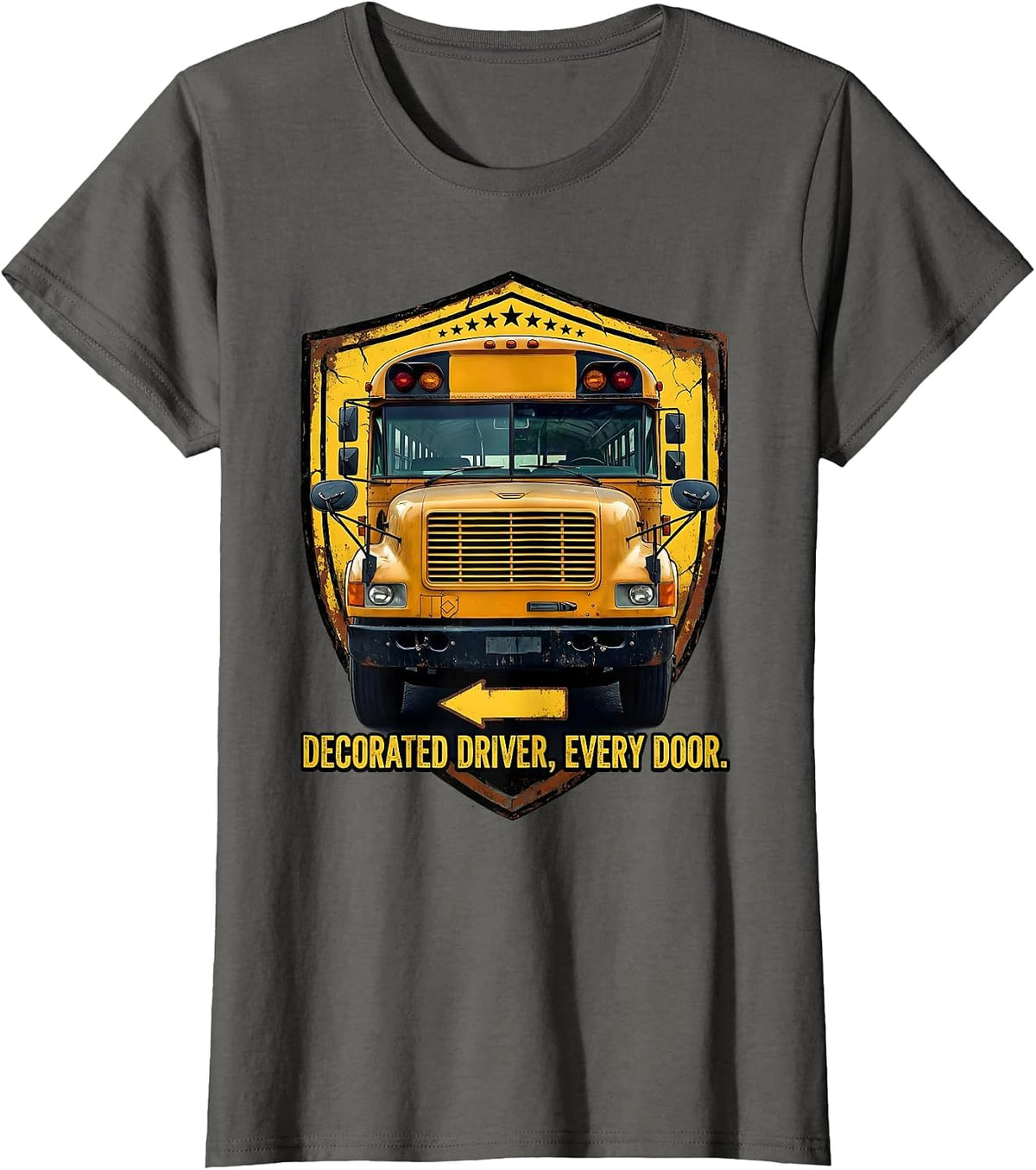 Women's Decorated Driver Every Door Distressed School Bus Driver T-Shirt - Asphalt Grey