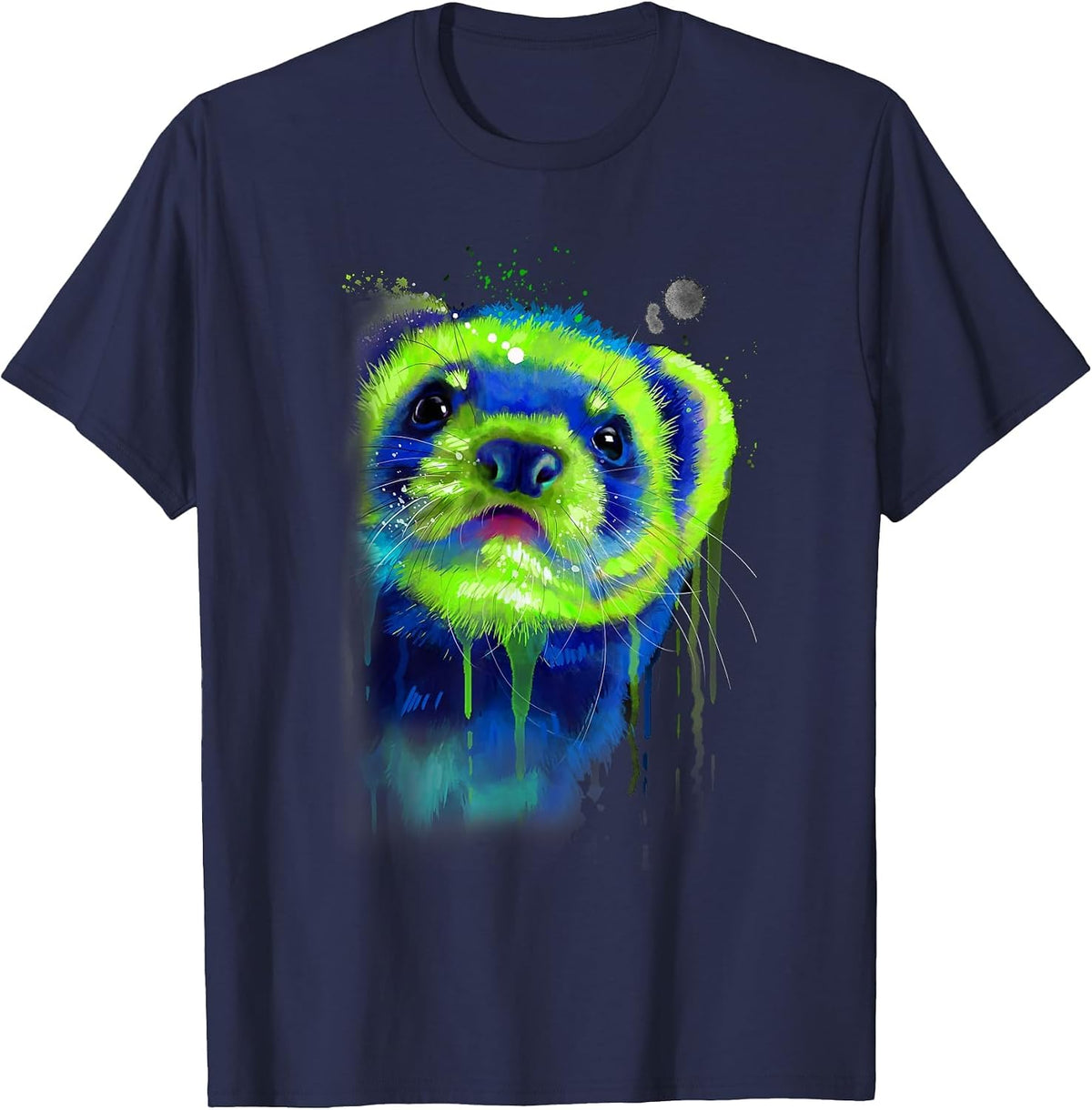 Ferret Face Graphics Hand Drawn Splash Art Ferret Pet Lover T-Shirt - Navy Blue