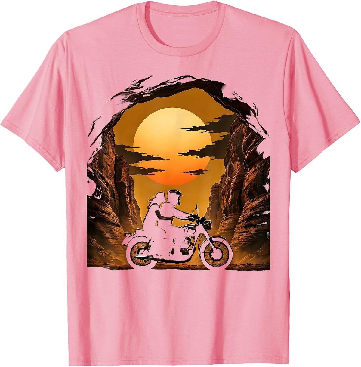 Men's Couple Motorcycle Desert Canyon Sunset Graphic T-Shirt - Pink