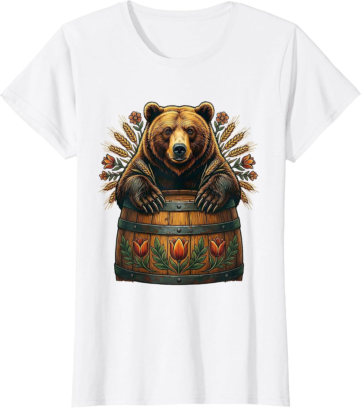 Women's Grizzly Bear Emerging From a Barrel Design T-Shirt - White