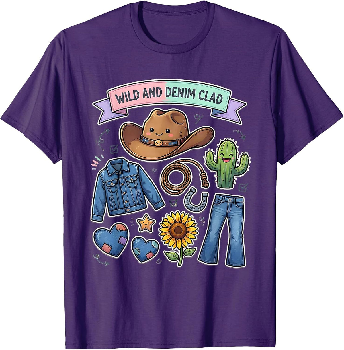 Wild and Denim Clad Cowgirl Graphic Design T-Shirt - Purple