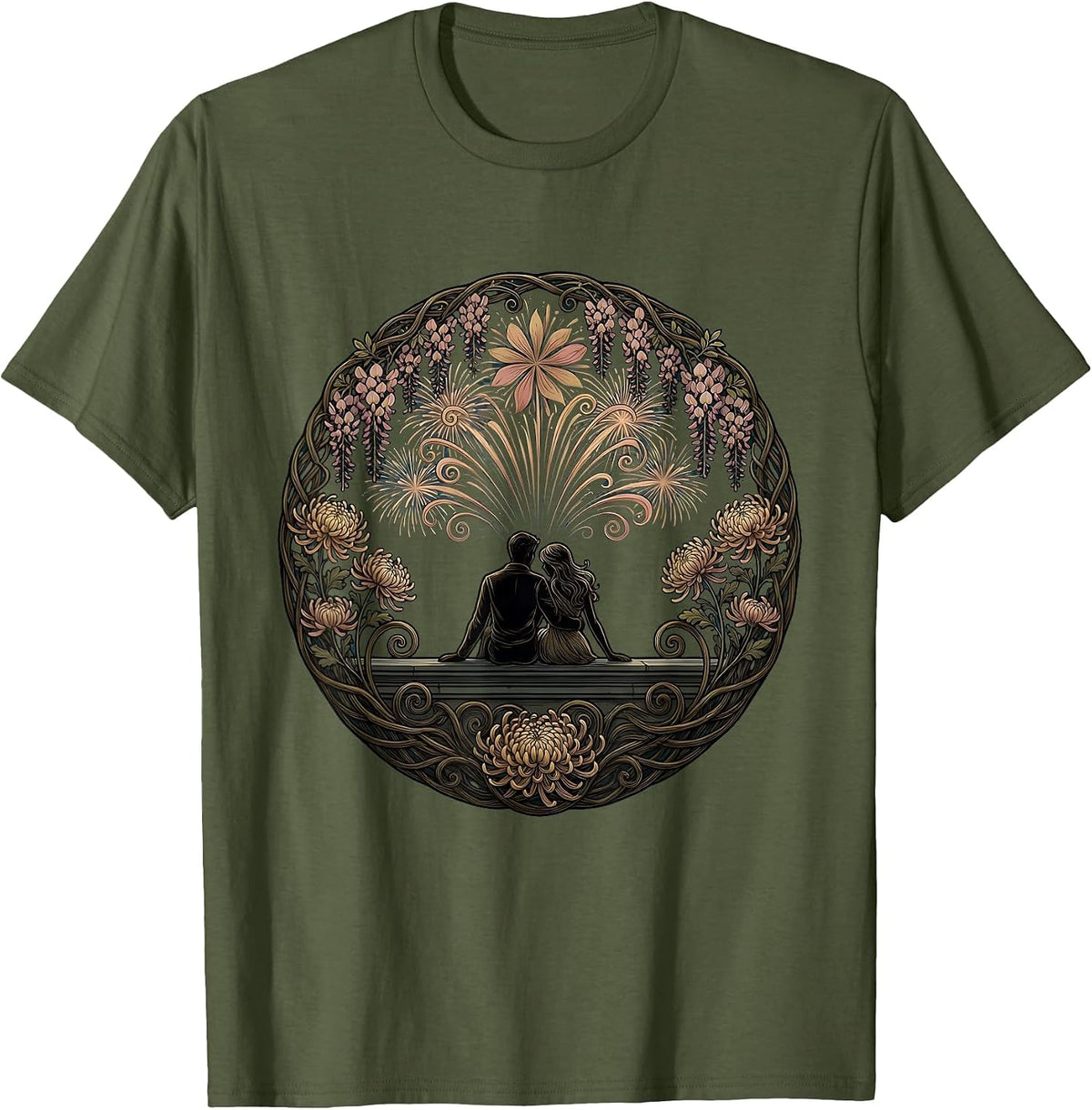 Couple Watching Fireworks From a Rooftop T-Shirt - Olive Green