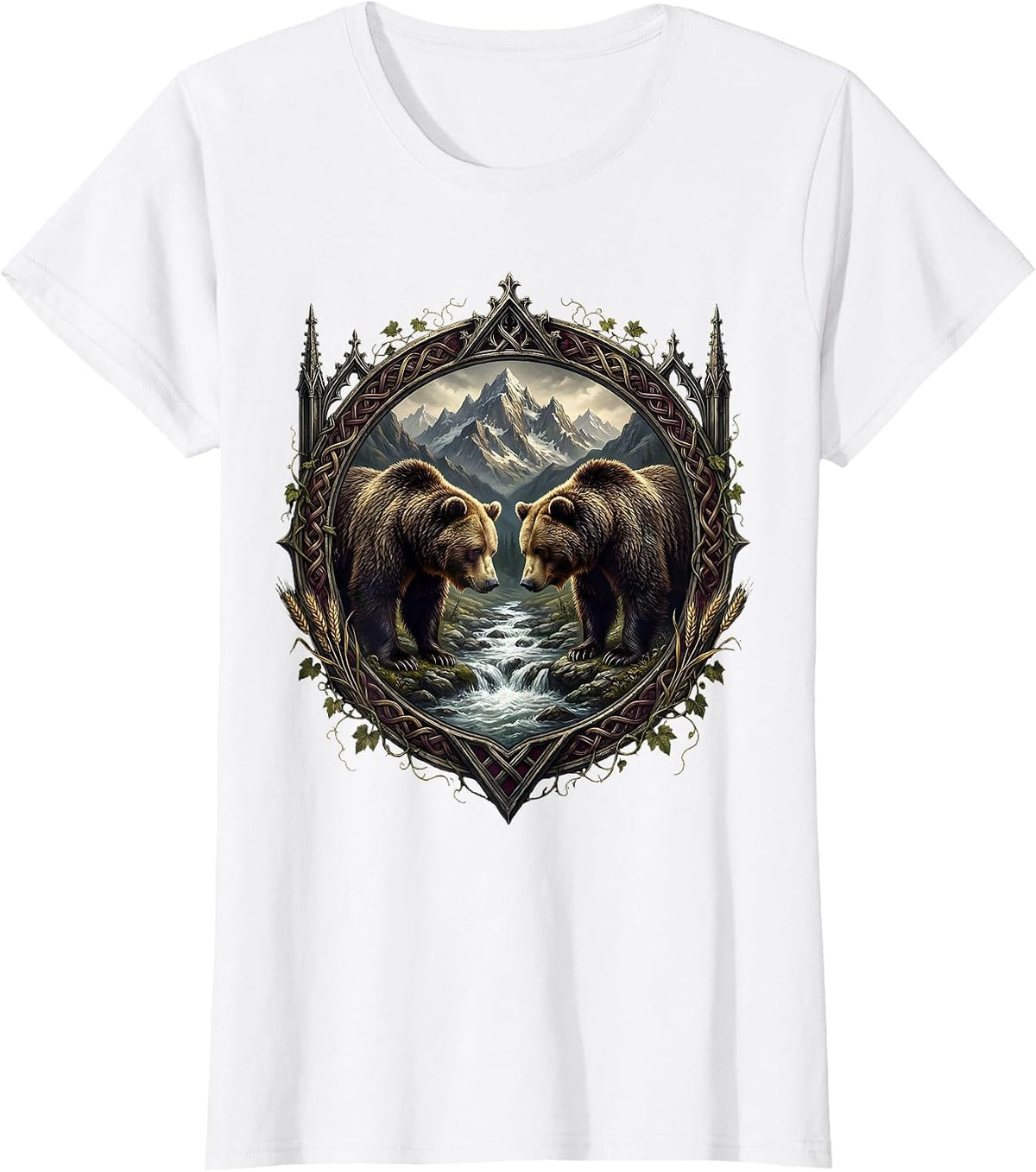 Women's Oktoberfest Bears Mountain Stream Illustration T-Shirt - White