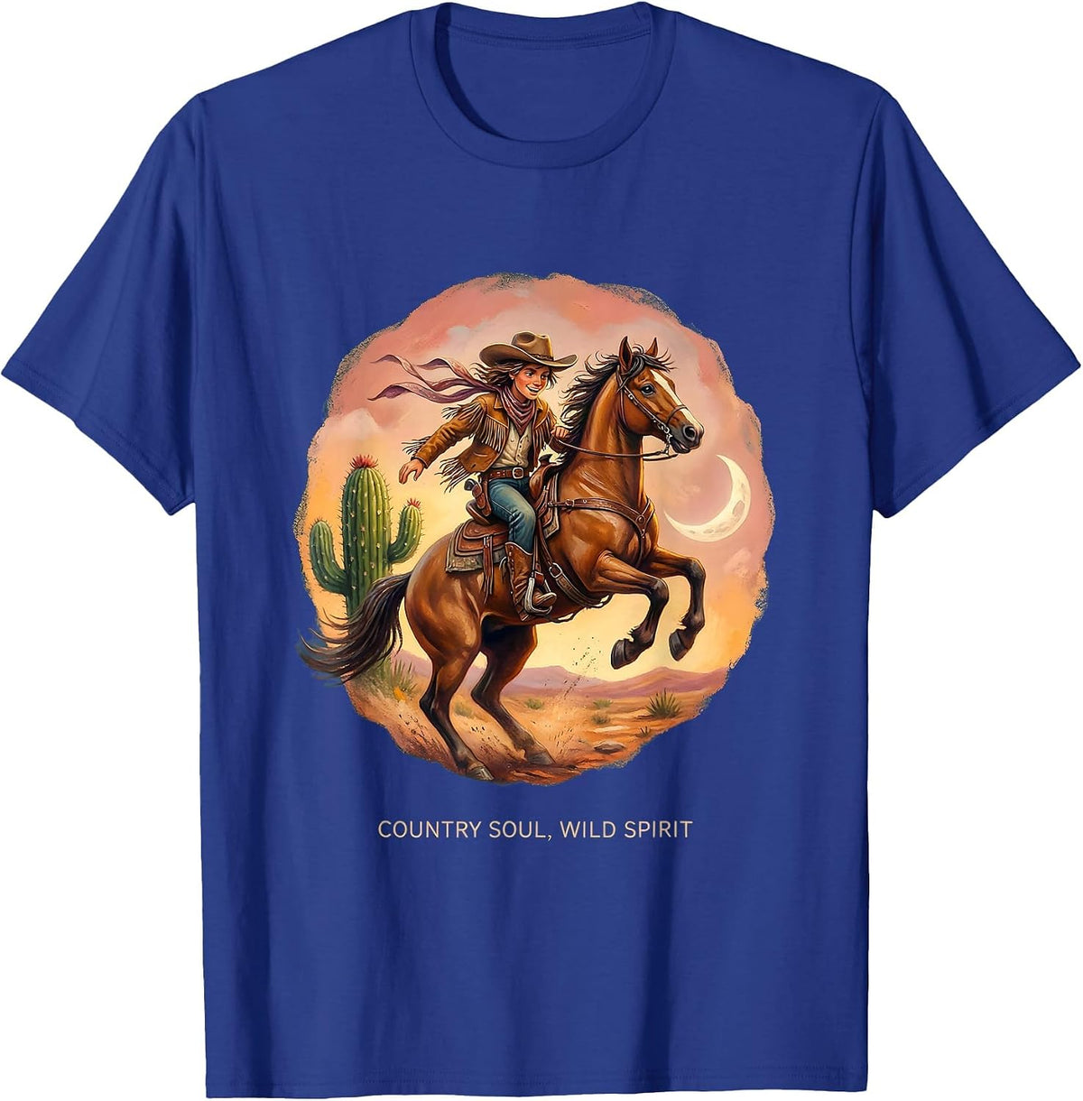 Country Soul Wild Spirit Cowgirl Design T-Shirt - Royal Blue