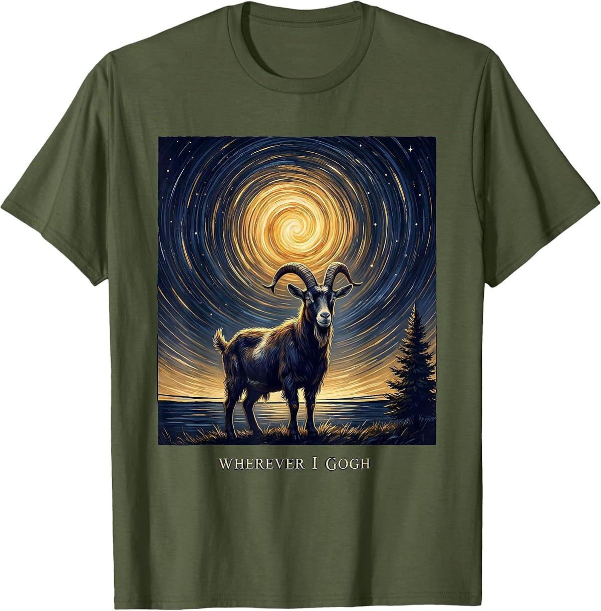 Wherever I Gogh Whimsical Van Gogh Starry Night Art Animal T-Shirt - Olive Green