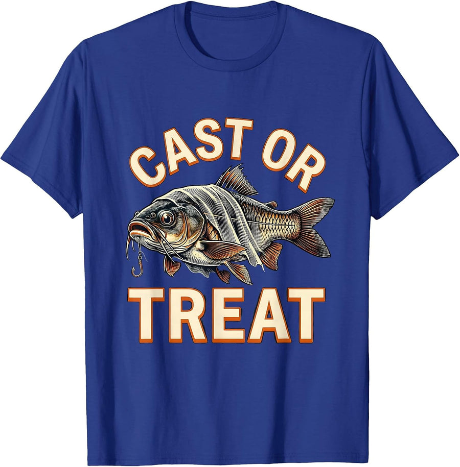 Cast Or Treat Ghost Channel Catfish Funny Halloween Fishing T-Shirt - Royal Blue