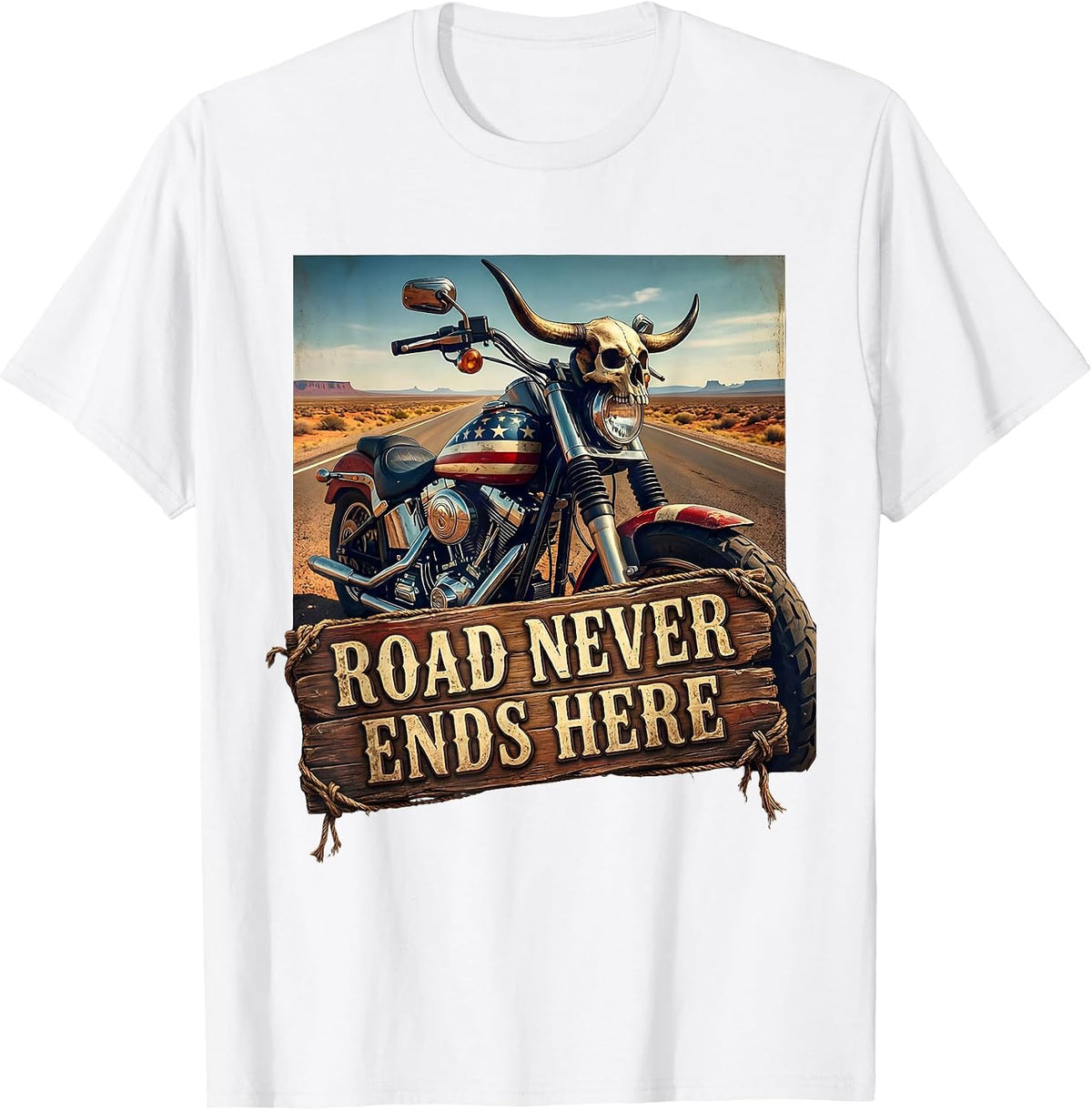 Men's Road Never Ends Here Motorcycle Rider Design T-Shirt - White