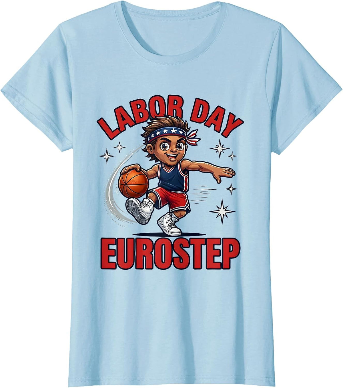 Women's LABOR DAY EUROSTEP Cartoon Basketball Player Patriotic T-Shirt - Baby Blue