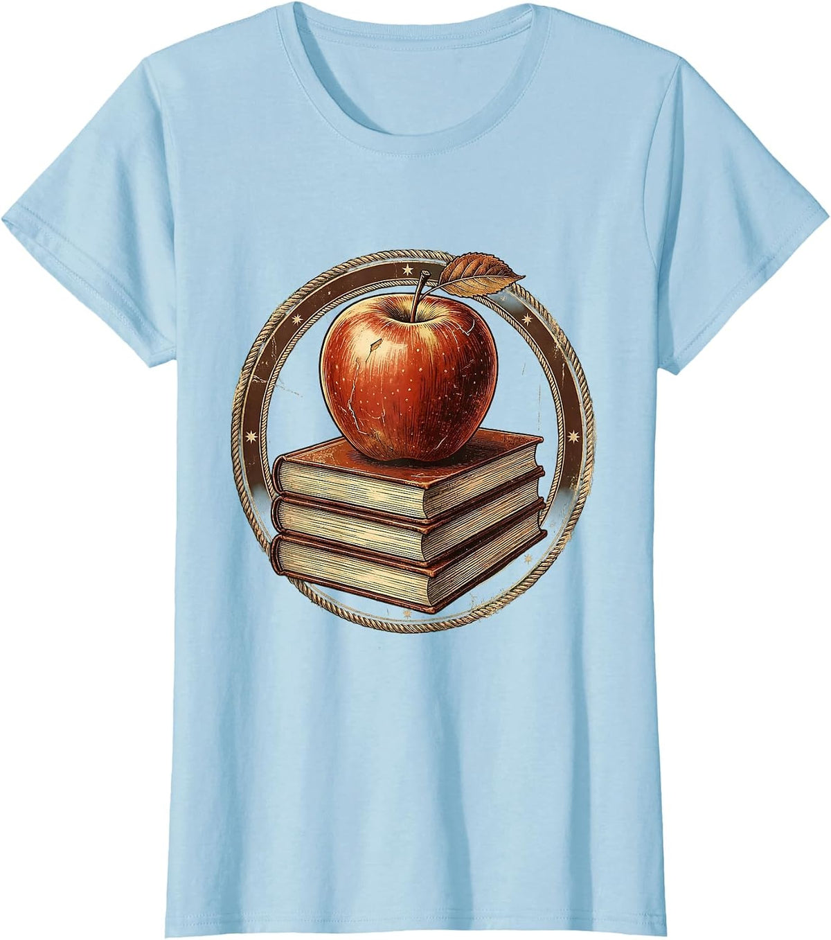 Middle School Teacher Apple and Books Illustration T-Shirt - Baby Blue