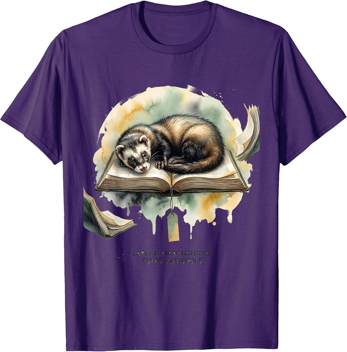 Easily Distracted By My Ferret And Books Funny Book Lover T-Shirt - Purple
