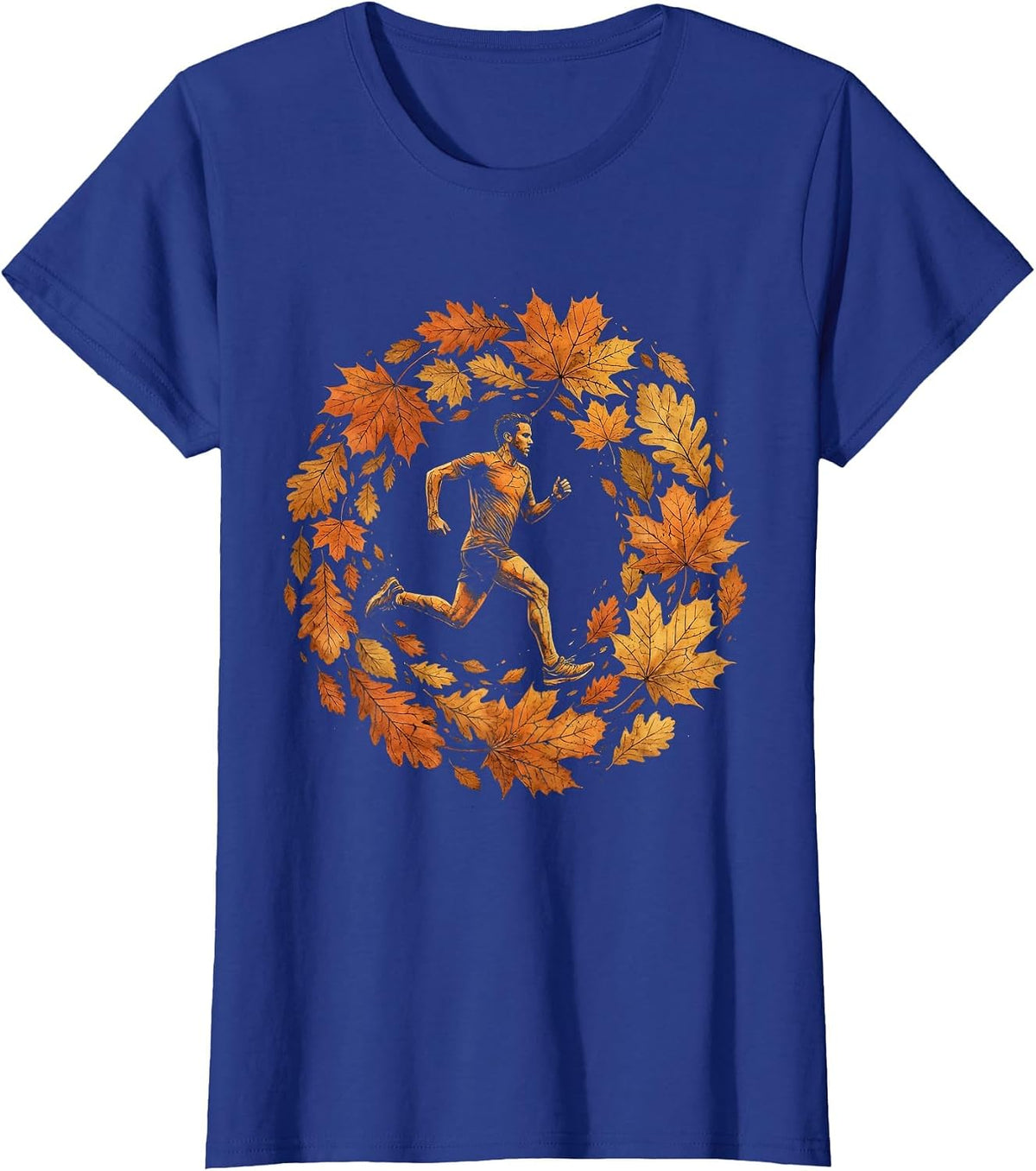 Women's Runner Silhouette Falling Autumn Leaves Design T-Shirt - Royal Blue
