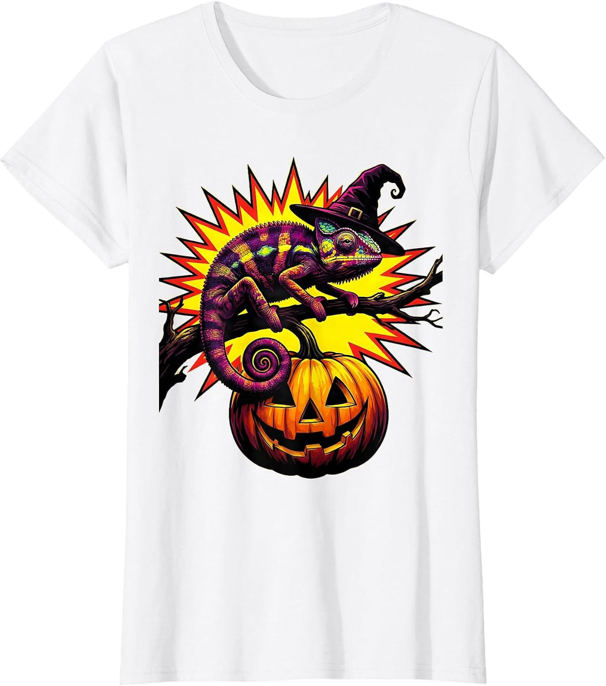 Cheerful Chameleon Halloween Witch Hat Pumpkin Pop Art T-Shirt - White