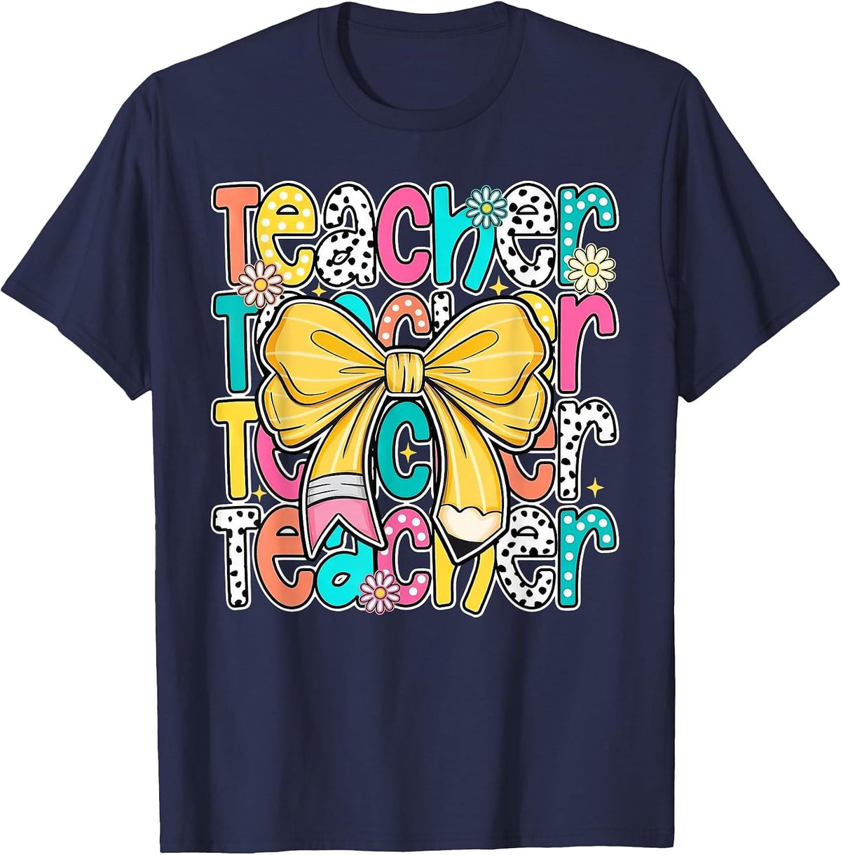 Teacher Pencil Coquette Bow Funny Back to School Teacher T-Shirt - Navy Blue