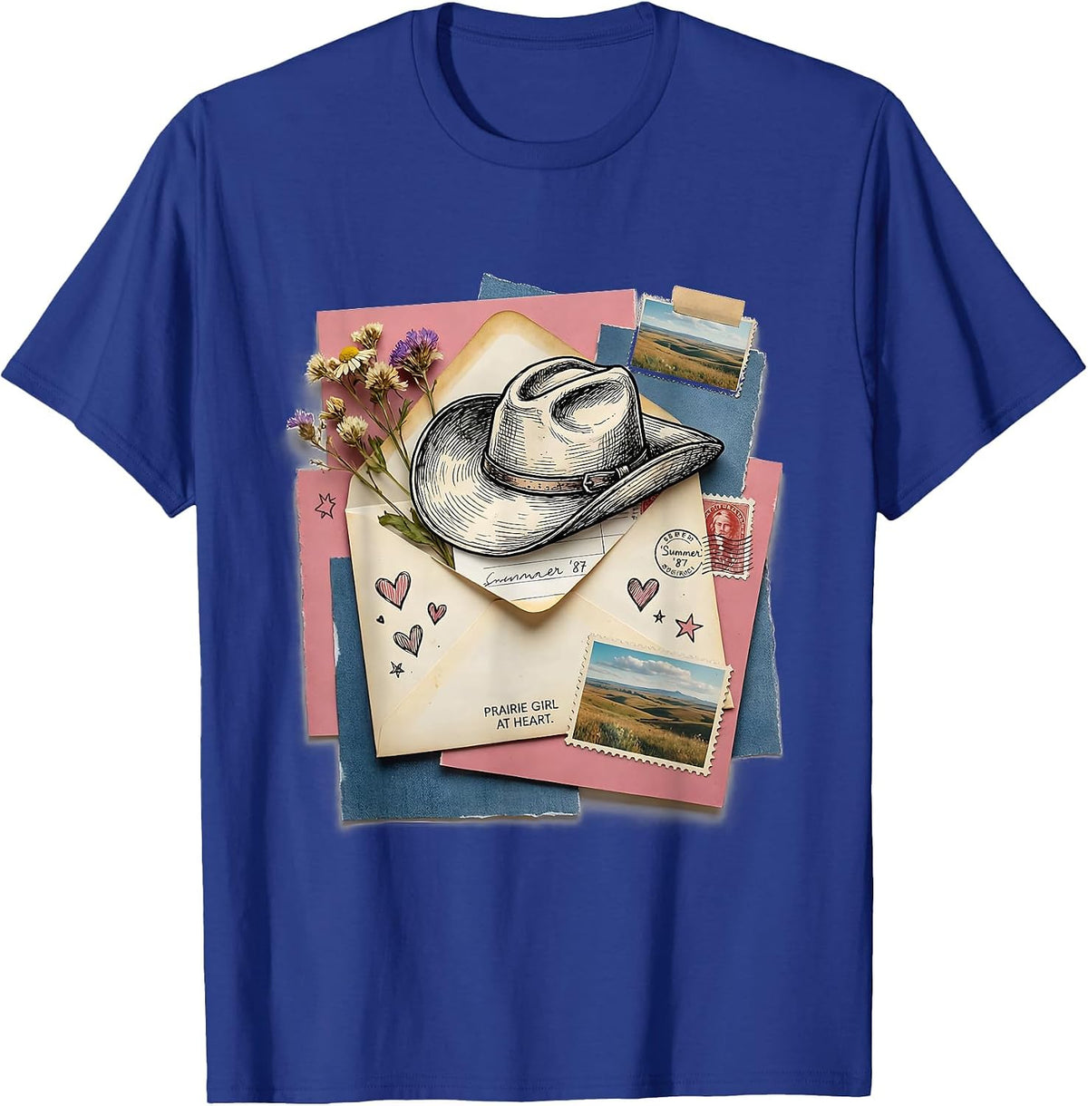 Prairie Girl at Heart White Cowgirl Design T-Shirt - Royal Blue