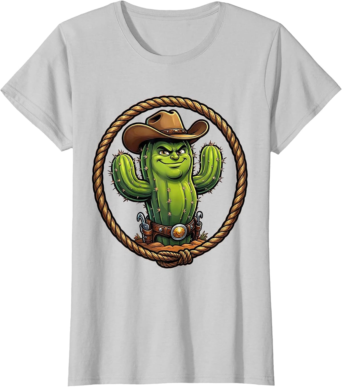 Cactus Cowboy Hat and Spurs Western Illustration T-Shirt - Silver Grey