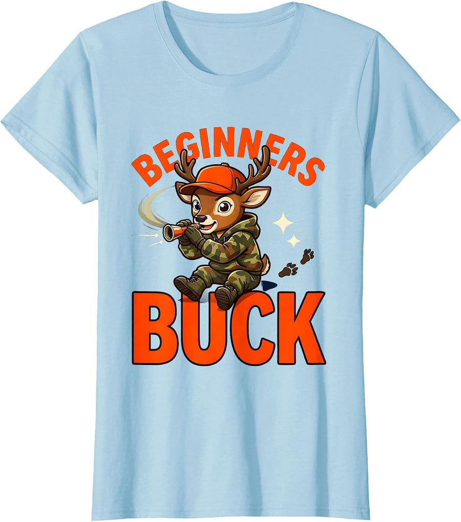 Women's BEGINNERS BUCK Funny Cartoon Deer Hunter Hunting Camp T-Shirt - Baby Blue