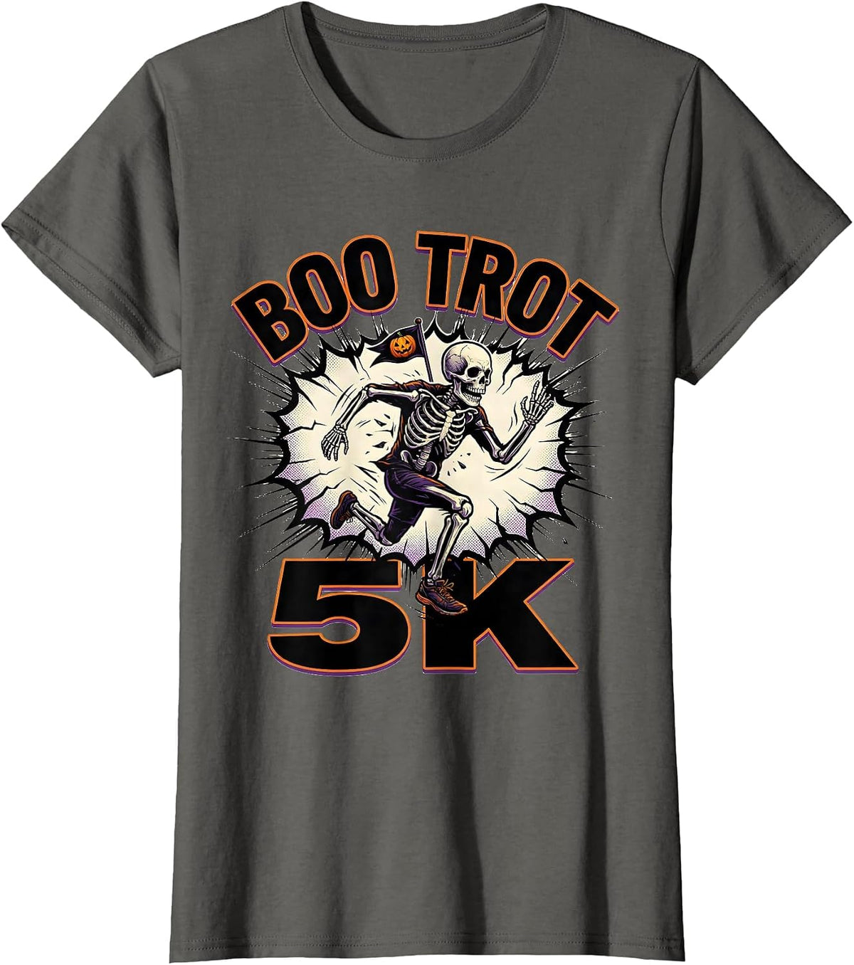 Women's Boo Trot 5K Comic Book Skeleton Runner Halloween Fun Run T-Shirt - Asphalt Grey