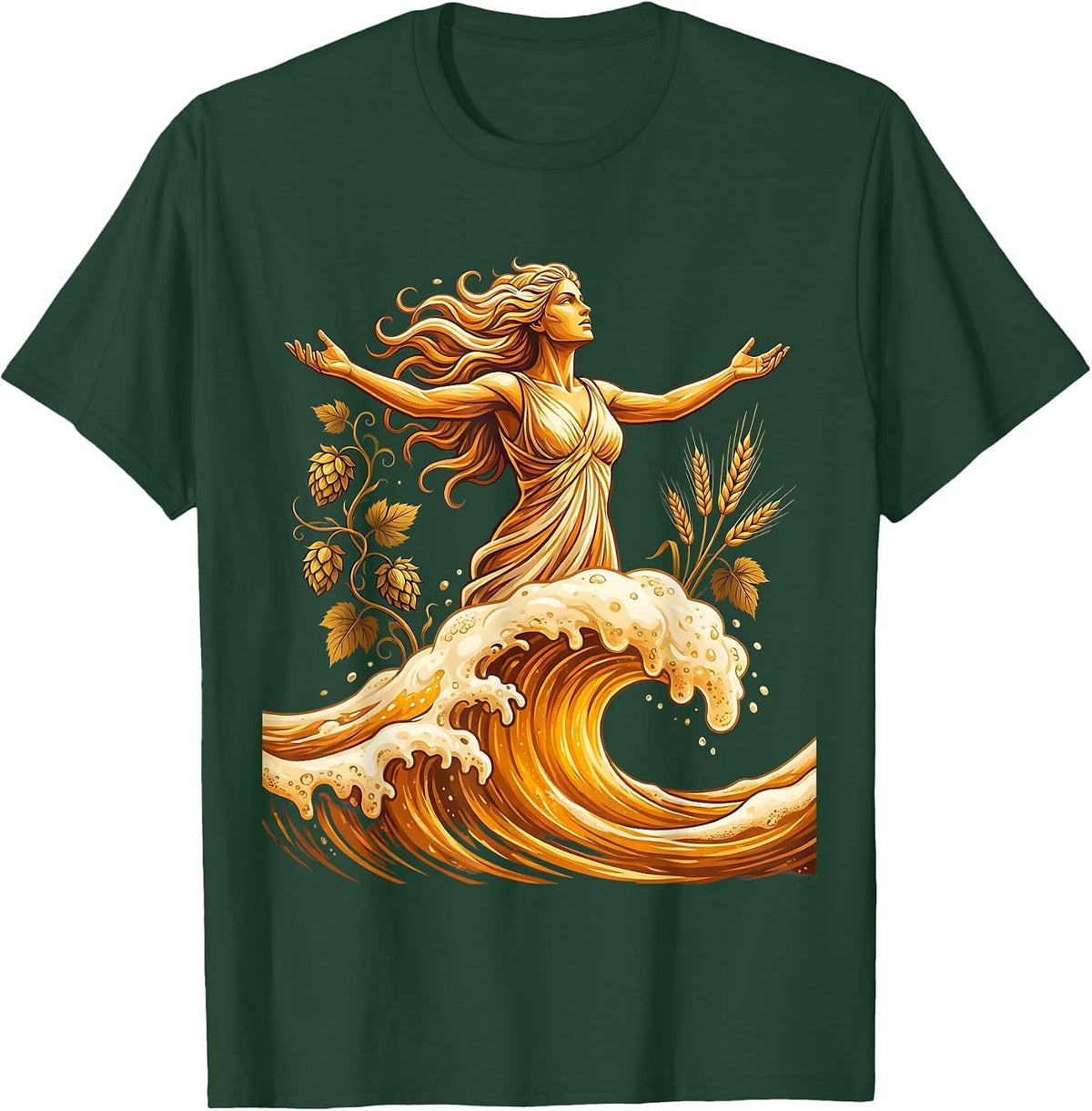 Men's Goddess Rising Beer Wave Graphic Tee T-Shirt - Dark Green