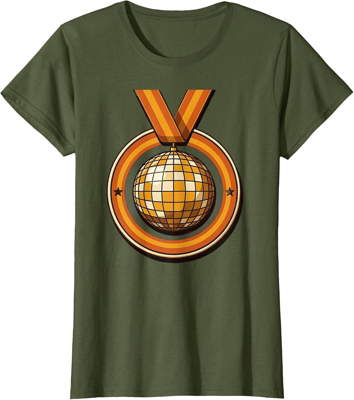 Women's Sealed Disco Ball Badge Retro 70s Party Costume T-Shirt - Olive Green