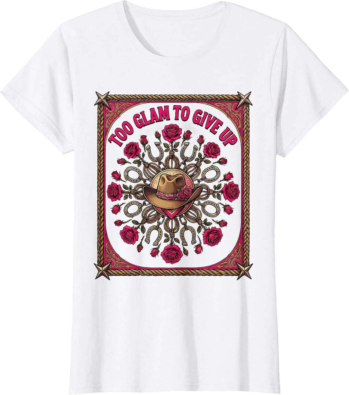 Women's Too Glam To Give Up Pink Cowgirl Design T-Shirt - White