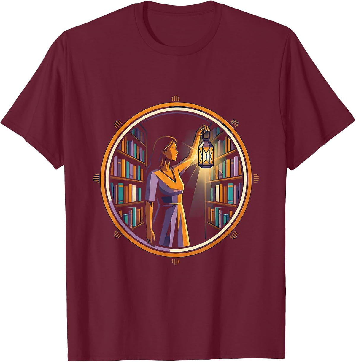 Teacher Librarian Lantern Dark Library Illustration T-Shirt - Burgundy