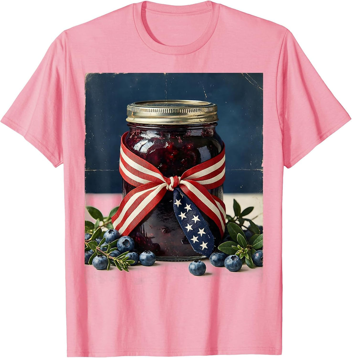 Red White and Blueberries Jam Jar Flag Ribbon T-Shirt, Men, Pink, X-Large - As Pictured