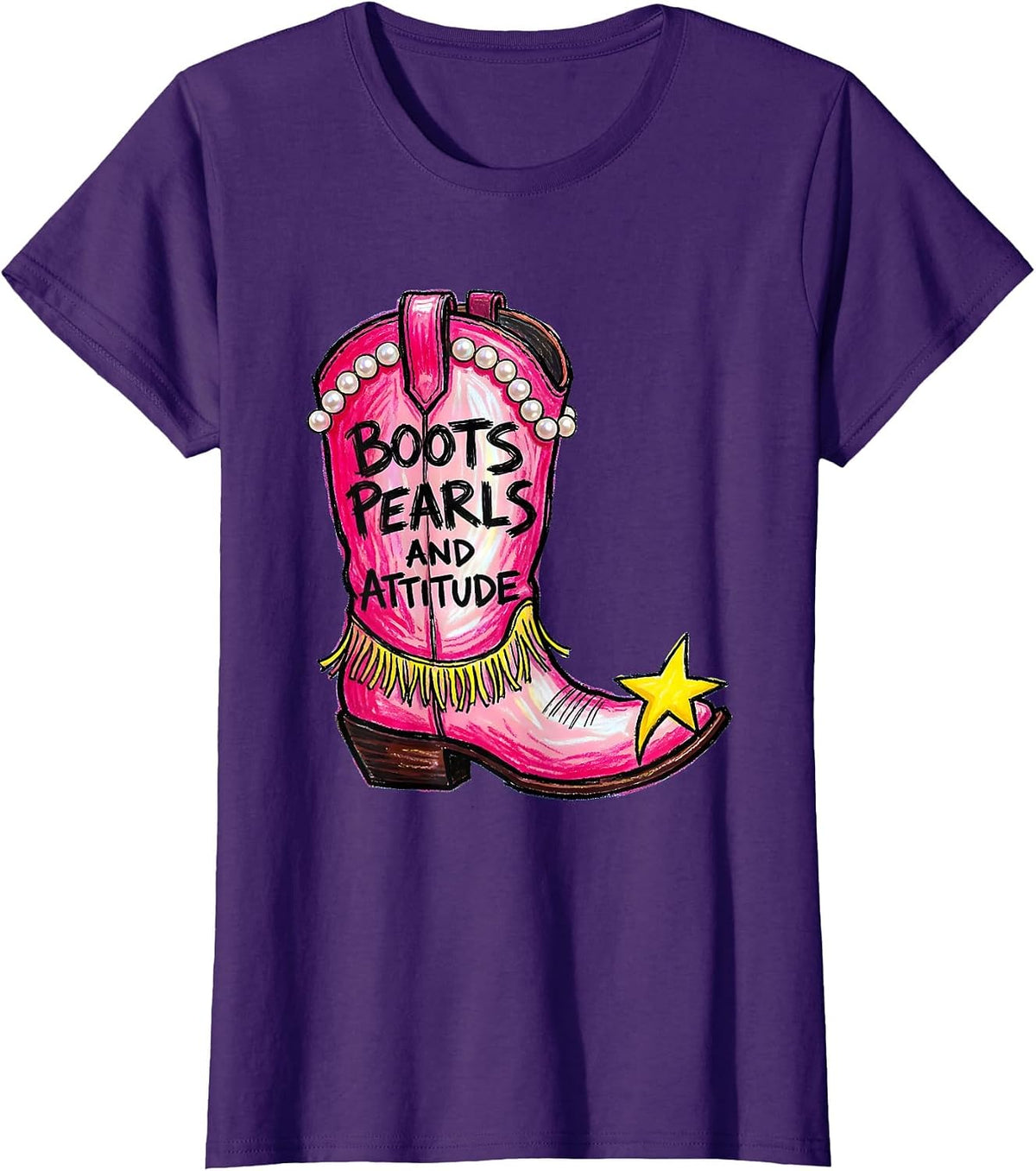 Women's Boots Pearls and Attitude Pink Cowgirl Design T-Shirt - Purple