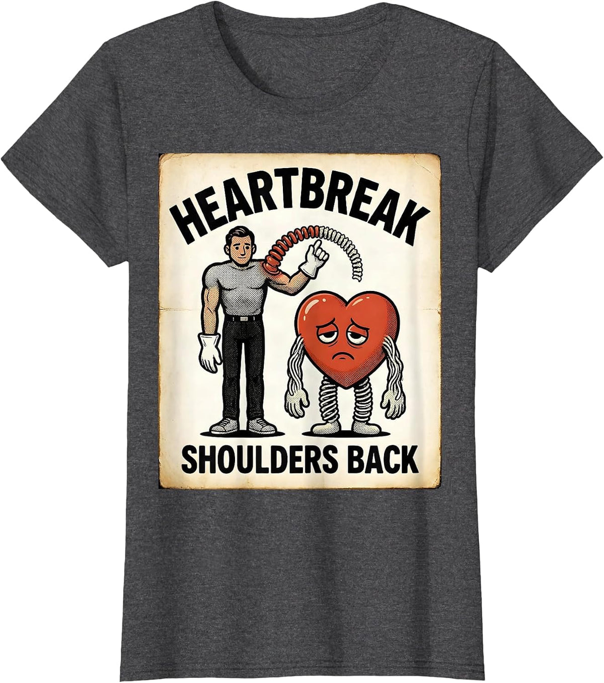 Women's Heartbreak Shoulders Back Retro Cartoon Physical Therapist T-Shirt - Dark Heather Grey